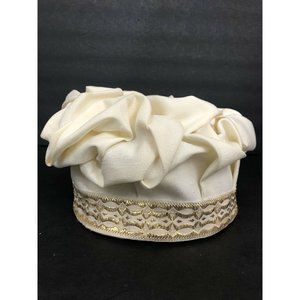 Vtg Pillbox‎ Hat Turban Style Gathered Scrunched Metallic Gold Accent Art Deco